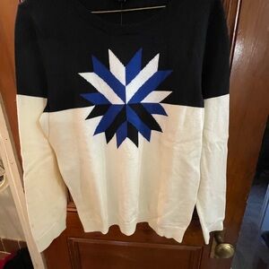 Talbots Black and White Sweater with Blue Geometric Design